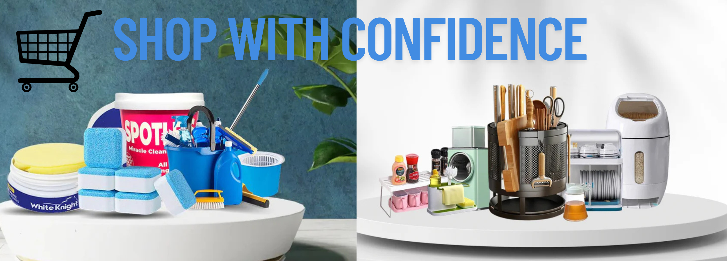 Peak picks Product display with cleaning supplies and kitchen tools s, Home Decor , Smart Gadgets , featuring text 'Shop with Confidence'.